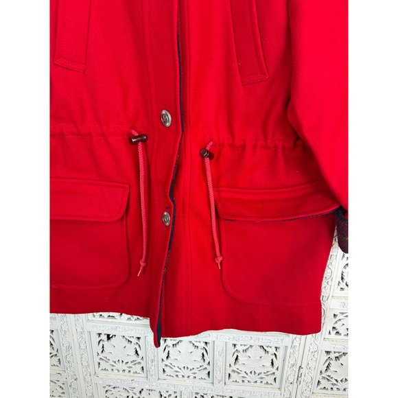 Vintage Fofeld Red Wool Plaid Drawstring Hooded Coat Womens XL-2X Retro Indie - Picture 4 of 8